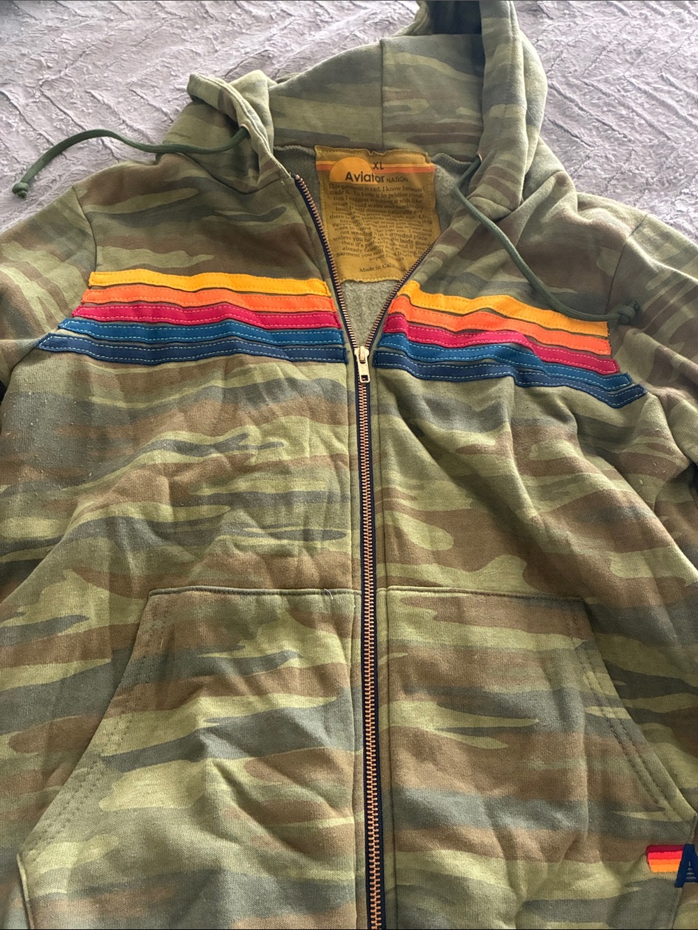Aviator Nation Olive Camo Zip Hoodie with Rainbow Chest Stripes
